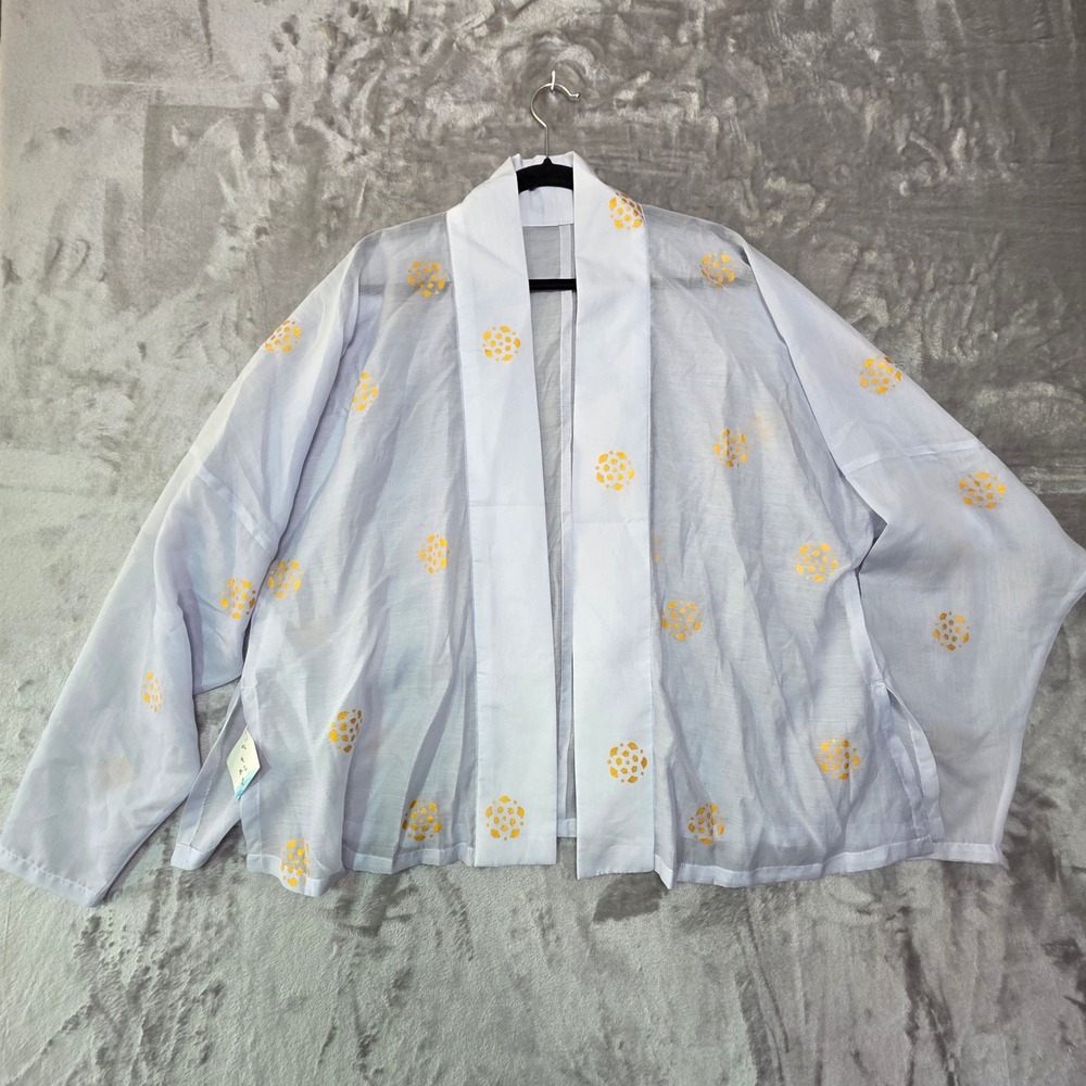 White Sheer Kimono Cardigan Gold Foil Medallion Print Open Front Wrap OS